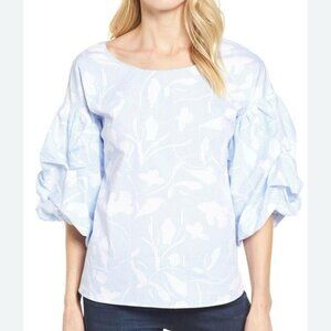 Halogen Blue and White Striped Floral Puff Sleeves Blouse - Size M